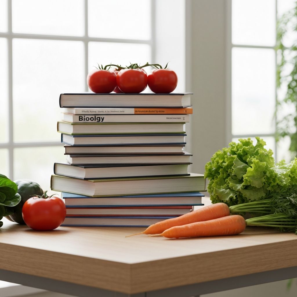 Wissenschaftliche Bücher und frisches Gemüse